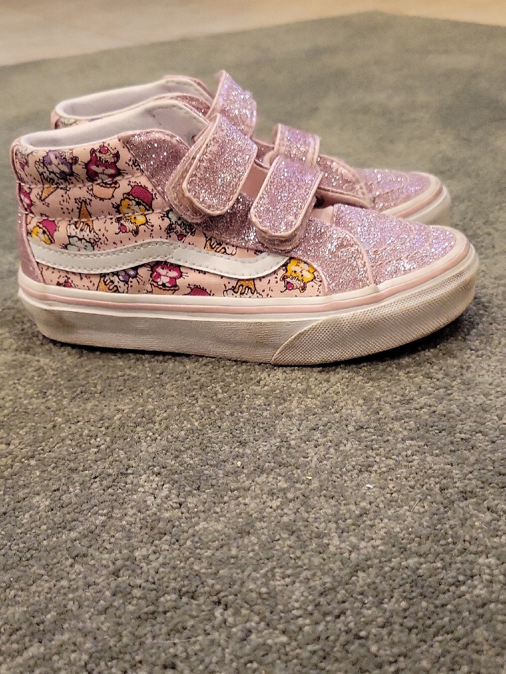 Size 12 VANS Girls Pink Glitter High-Top Skate Sneakers with Cartoon Print